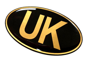 UK Oval 75mm x 43mm Car Van Sticker - Retro - GOLD on BLACK - GLOSS DOMED GEL