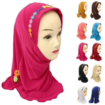 Girls Kids Muslim Hijab Arab Flower Scarf Shawl Amira Headscarf Islam Cover 2-6Y