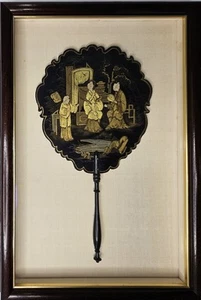 Antique Qing Dynasty Lacquered Chinoiserie Face Screen Wood Handle Fan Framed - Picture 1 of 24