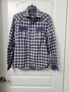 Camicia Buffalo David Bitton blu a quadri con bottoni bordo denim western rodeo piccola - Foto 1 di 8