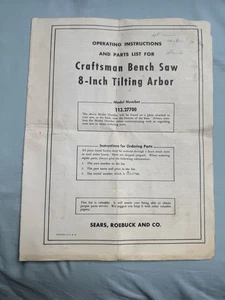 SEARS CRAFTSMAN 8 INCH TABLE SAW MANUAL 113.27700 TABLE TILTING ARBOR - Picture 1 of 3