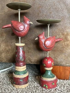 Par de Portavelas de Resina de Madera Tallada Look Pájaro Cardinal Estilo Primitivo - Imagen 1 de 13