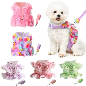 Cute Floral Girls Pet Dog Harness and Leash Set Puppy Cat Princess Dress Wedding - Picture 1 of 17