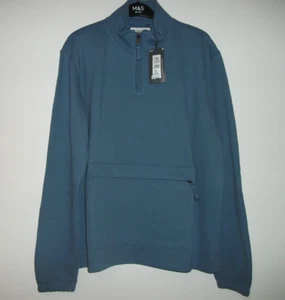 M&S Mens Gents Blue Cotton Rich Half Zip Top Size 2XL 47-49" Zipped Front Pocket - Picture 1 of 7