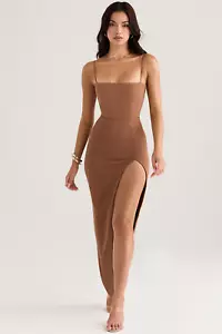NWT HOUSE OF CB Jaida Corset Princess Seam Stretch Crepe Maxi Dress, XS, Toast - Picture 1 of 5