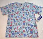 Barco Uniforms Floral Hearts Blue Pink Artistic Small Scrub Top New