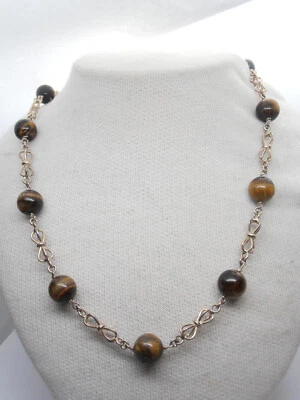 Collana in Occhio di Tigre Naturale e Argento 925 - Girocollo Pietra Dura - - Immagine 1 di 4