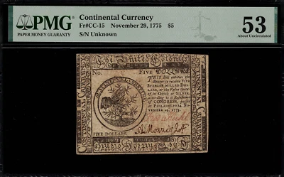 Continental Currency - CC-15 - November 29, 1775 $5 - Graded PMG 53 - Image 1 of 3