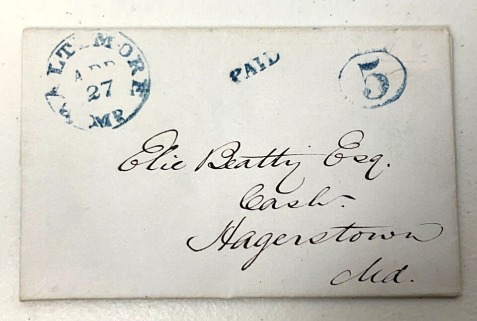 U.S. 1847 Stampless Cover Blue Cancel & Paid 5 Baltimore To Hagerstown, Maryland - Image 1 of 4