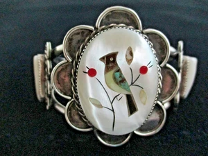 Native American Zuni Pueblo ~ Inlay Blue Jay Cuff Bracelet ~ Priscilla Chavez - Picture 1 of 7