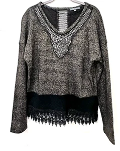 Miss Me Sweater Women's m black w metallic and embellished accents v-neck LS - Picture 1 of 12