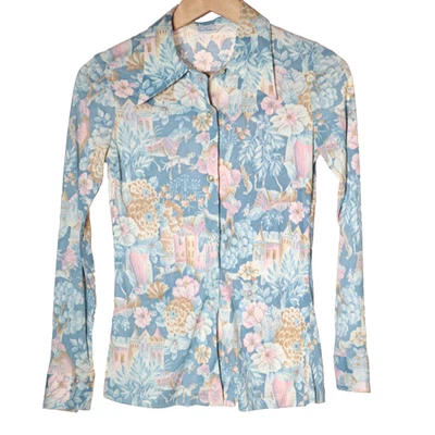 Camisa abotonada vintage años 70 Sears damas cuento de hadas fantasía castillo caballo talla 10/S Foto 1 de 4