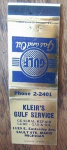 GULF GAS STATION MATCHBOOK: KLEIR'S SERVICE (SAULT STE. MARIE, MICHIGAN) -F11 - Picture 1 of 1