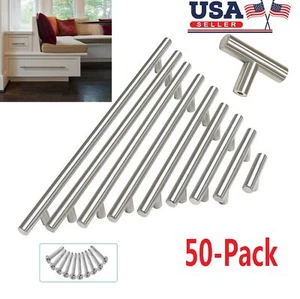 50Pack Brushed Nickel Kitchen Cabinet Pulls Stainless Steel Drawer T Bar Handles - Picture 1 of 17