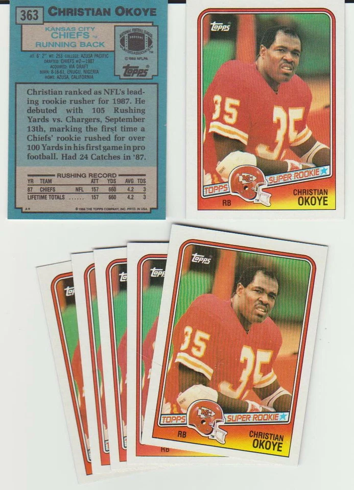 Christian Okoye, 1988 Topps #363 RC rookie card, Kansas City Chiefs - Image 1 of 1