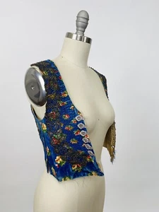 Antique Edwardian Victorian Vest Bodice Smocking Floral Print Silk Metal Trim - Picture 1 of 10