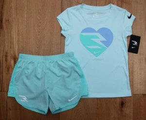 Nike Youth Girl T-Shirt & Shorts Set ~ Mint Green & Periwinkle ~ DRI-FIT ~Size S - Picture 1 of 3