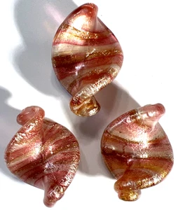 Venetian Murano Glass Bead Beads: 3 Pink Aventurine Leaf Twist 33mm (#29) - Bild 1 von 8