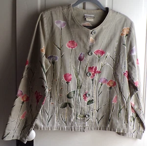 Coldwater Creek Jacket  Green Flax Cotton Floral Collarless Button Up Size L - Picture 1 of 4