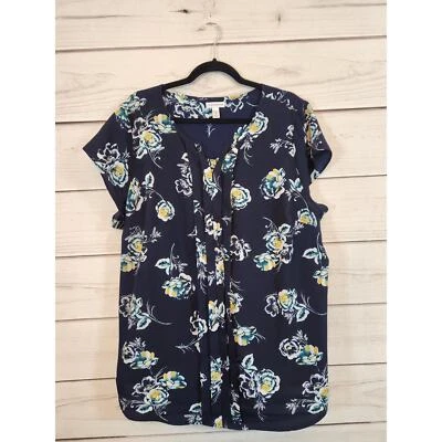 Croft & Barrow Women's Blue White Floral Print Cap Sleeve V-Neck Blouse Size 2X - Image 1 of 4