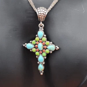 Collar Colgante Cruz Piedras Preciosas Coral Verde Turquesa Plata de Ley 925 Barse - Imagen 1 de 16