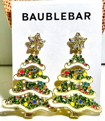 BaubleBar Christmas Tree Earrings Dangle Pierced Enamel Multicolor Sparkles New - Image 1 of 4