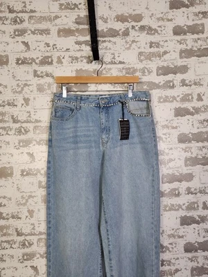 Pantalones de mezclilla Forever 21 lavado claro pierna ancha años 90 talla 30 adornos Y2K Foto 1 de 4