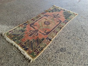 Vintage Turkish Runner Rug 3.5x8 ft – Handmade Wool Tribal Oushak Carpet - Picture 1 of 14