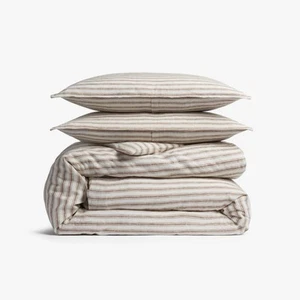 Full/Queen Relaxed Linen Stripe Duvet Cover & Sham Set Pecan&Parchment NEWSEALED - Picture 1 of 13