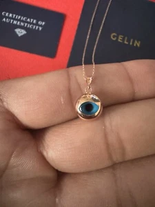 14K Solid Rose Gold Handmade Blue Evil Eye Necklace, Dazling Gift For Women 20” - Picture 1 of 10