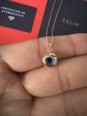 "Collar de mal de ojo azul hecho a mano de oro rosa macizo de 14 quilates, increíble regalo para mujer 20""" Foto 1 de 4