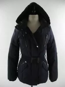 Women's S Zara Navy Blue Down Belted Parka Jacket Coat Hooded Puffer Quilted Zip - Picture 1 of 24