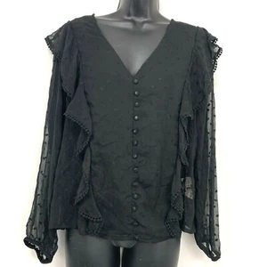 Zara Blouse M Black Sheer Ruffle Swiss Dot Long Sleeve Chiffon Top Shirt Buttons - Picture 1 of 7