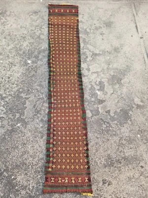 Distressed Vintage Handmade Afghan Wool Multicolor Runner Rug 64x11 inches - Image 1 of 4