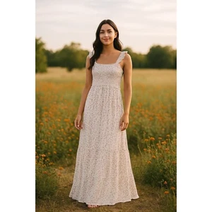 Maxi Vestido Hippie Rosa Jr XS Marfil Rosa Volantes Calados Cottagecore Floral Boho - Imagen 1 de 13