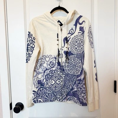 Vintage Lucky Brand Womens Asian Print Zip Up Hoodie Size M AOP Oriental Grunge - Image 1 of 4