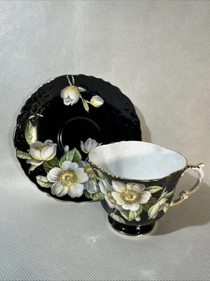 Aynsley Black Magnolia Dogwood Footed Teacup and Saucer Set Bone China c1087 - Image 1 of 4