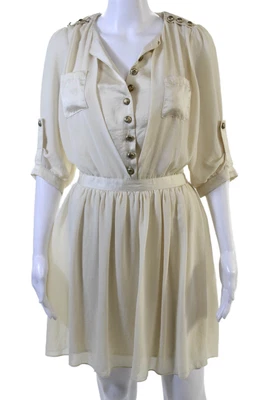 Vestido Camisa Blush Feminino Bege Decote V Manga 3/4 Botão Poliéster Joelho Tamanho P - Imagem 1 de 4