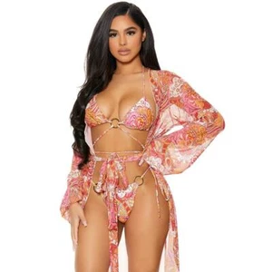 Print Swim Coverup Full Length Long Sleeves Open Front Sheer Kimono 441423 - Picture 1 of 4