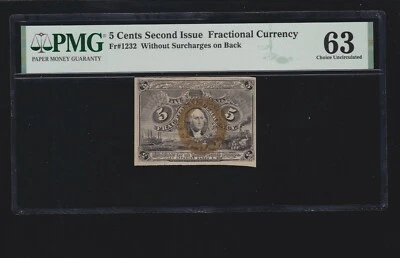 US 5c Fractional Currency Note 2nd Issue w/o Surcharge FR 1232 PMG 63 Ch CU - Image 1 of 2