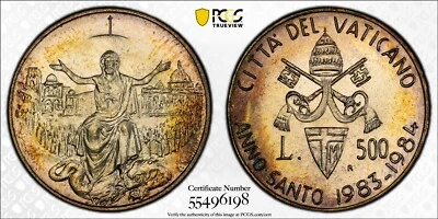 MS68 1983-84-R Vatican "Holy Year" Silver 500 Lire, PCGS Trueview-  Nicely Toned - Image 1 of 4