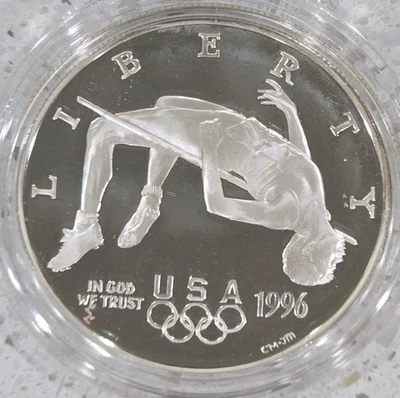1996 P Atlanta Olympic High Jump Silver Proof Commemorative Dollar Uncirculated - Image 1 of 2