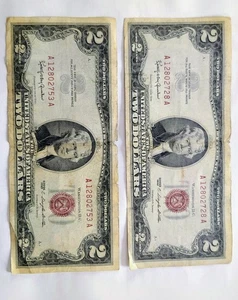 1963 $2 Bill ERROR PAIR - Consecutive Range A12802753A & A12802728A - RARE - Picture 1 of 3