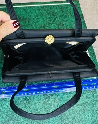 Vtg MISS LEWIS Cown Bag Black Satin Handbag Pocketbook Purse Rhinestone Clasp - Image 1 of 4
