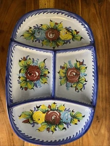 Hand-painted Portuguese Pottery Ceramic Divided Appetizer Dish Approx. 13" x 9" - Picture 1 of 9