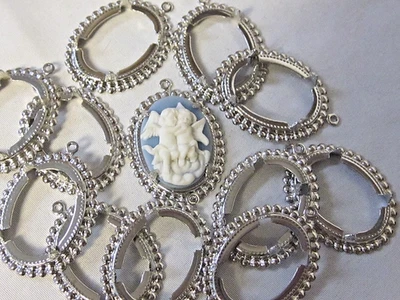12- Rare Prong Set Rhodium Silver PLATED 25x18mm Oval Cameo Pendant Settings NOS - Image 1 of 4