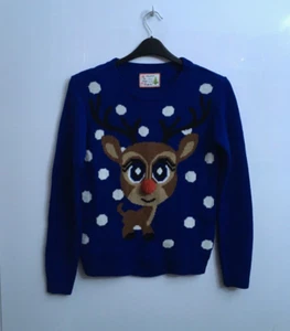 SELECT LADIES CHRISTMAS JUMPER SIZE 8 RUDOLPH BLUE XMAS UGLY JUMPER NOVELTY 3D - Picture 1 of 8