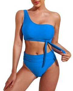 One Shoulder Swimsuits for Women Tie Push Up Ruched High Waist Bikini Set Two... - Picture 1 of 6
