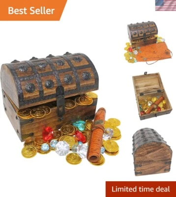 Wooden Pirates Treasure Chest Box Pirate Treasure Map and Gold Coins/Gems - Image 1 of 4