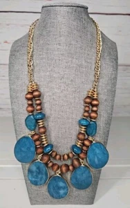 Southern Living Genuine Stone Necklace With Wooden Beads Gold Tone New - Picture 1 of 11
